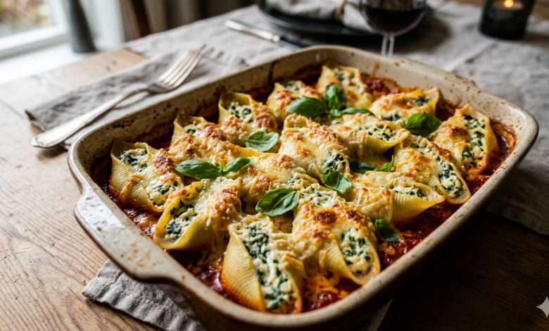 een dampende ovenschaal vol met de gevulde pastaschelpen in tomatensaus, perfect goudbruin gegratineerd met kaas en afgetopt met verse basilicum.