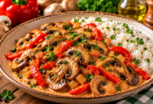 Romige champignon stroganoff met gebakken champignons, rode paprika en rijst