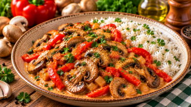 Romige champignon stroganoff met gebakken champignons, rode paprika en rijst