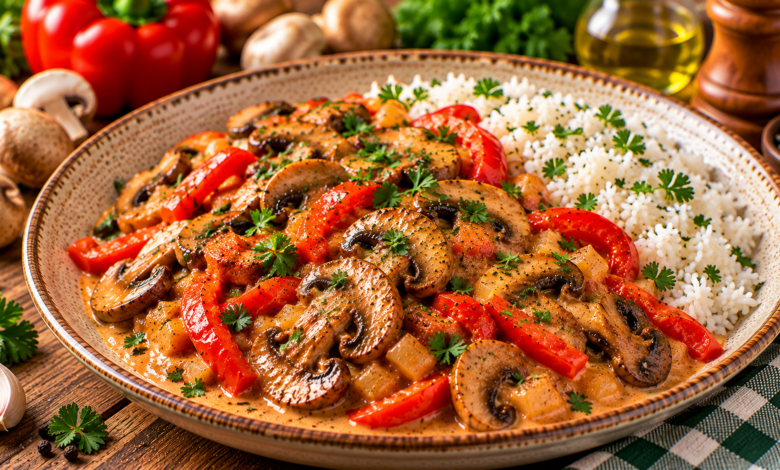 Romige champignon stroganoff met gebakken champignons, rode paprika en rijst
