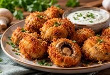 Goudbruin gebakken krokante gepaneerde champignons geserveerd als borrelhapje