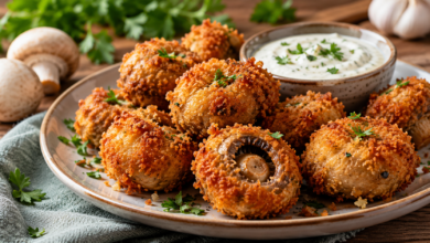 Goudbruin gebakken krokante gepaneerde champignons geserveerd als borrelhapje