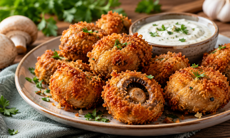 Goudbruin gebakken krokante gepaneerde champignons geserveerd als borrelhapje