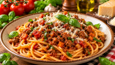 Bord spaghetti bolognese met gehakt, tomatensaus, basilicum en Parmezaanse kaas