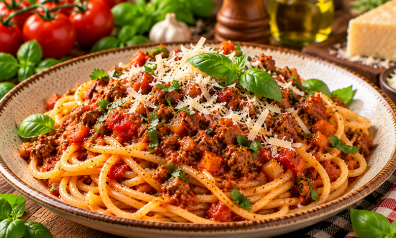 Bord spaghetti bolognese met gehakt, tomatensaus, basilicum en Parmezaanse kaas