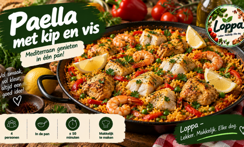 Paella met kip en vis, garnalen, paprika en citroen
