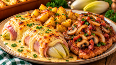 Goudbruine witlofrolletjes met ham en kaas, gebakken aardappelen en boerenschnitzel