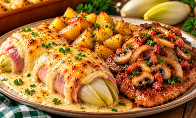 Goudbruine witlofrolletjes met ham en kaas, gebakken aardappelen en boerenschnitzel