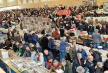 Bezoekers zoeken naar lp’s en vinylplaten tijdens een grote platenbeurs
