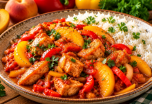 Bord kip pilav met perzik, rode paprika en witte rijst