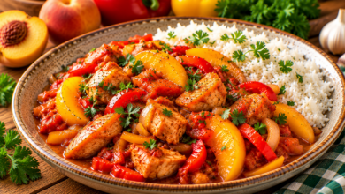Bord kip pilav met perzik, rode paprika en witte rijst