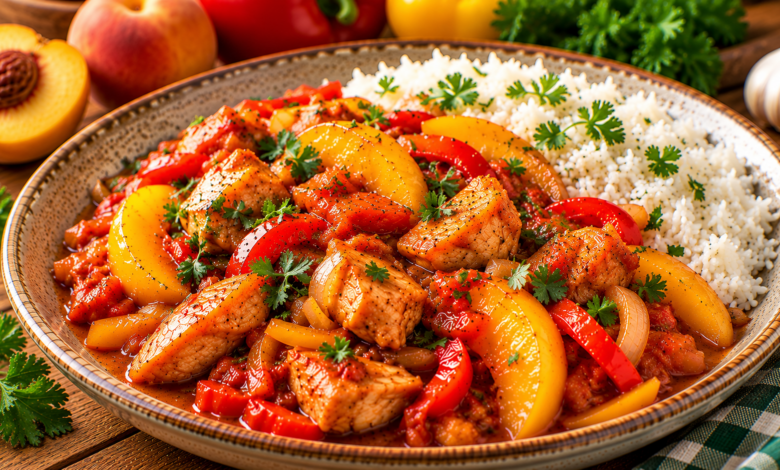 Bord kip pilav met perzik, rode paprika en witte rijst