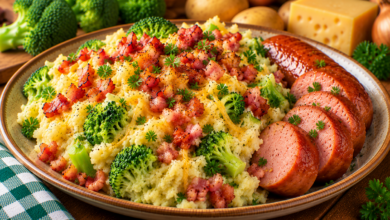 Romige broccolistamppot met broccoli, krokante spekjes, gesmolten kaas en rookworst