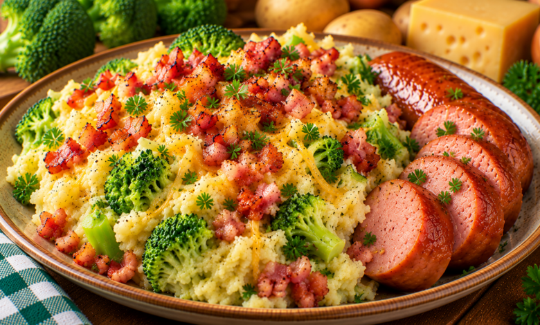 Romige broccolistamppot met broccoli, krokante spekjes, gesmolten kaas en rookworst