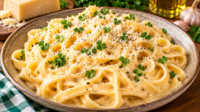 Verse fettuccine Alfredo in een romige Parmezaanse kaassaus met zwarte peper en peterselie
