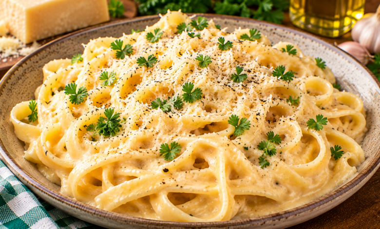 Verse fettuccine Alfredo in een romige Parmezaanse kaassaus met zwarte peper en peterselie