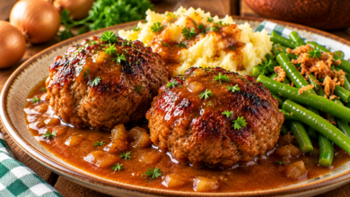 Twee goudbruine gehaktballen met ouderwetse jus, aardappelpuree en sperziebonen
