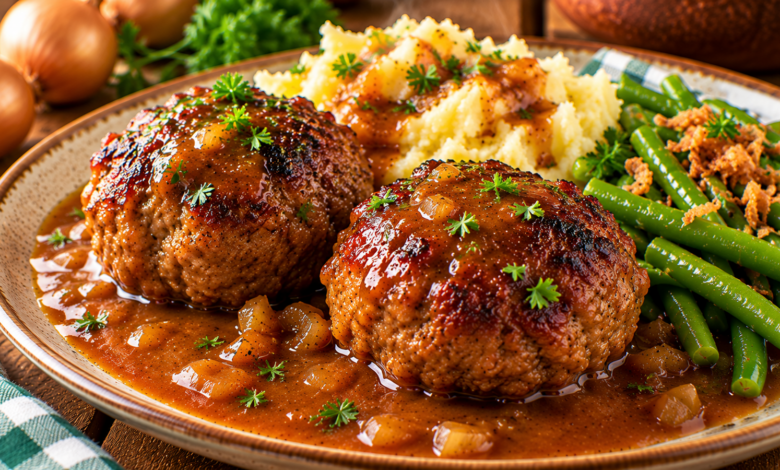Twee goudbruine gehaktballen met ouderwetse jus, aardappelpuree en sperziebonen
