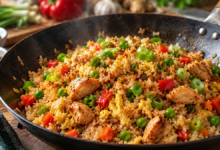 Gebakken rijst met goudbruine kip, ei, doperwten, paprika, wortel en bosui