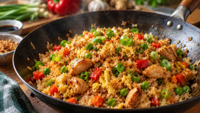 Gebakken rijst met goudbruine kip, ei, doperwten, paprika, wortel en bosui