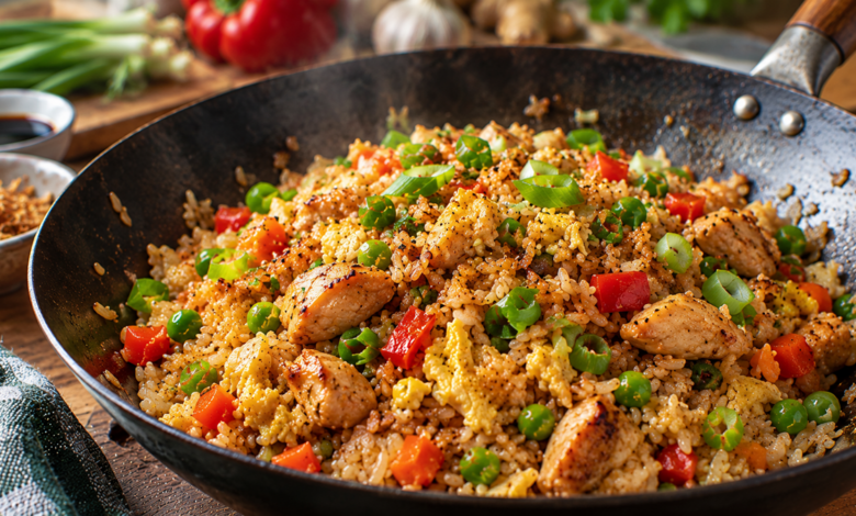 Gebakken rijst met goudbruine kip, ei, doperwten, paprika, wortel en bosui