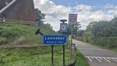 Dialectuiting op een bord in Zwolle als voorbeeld van streektaal in de openbare ruimte