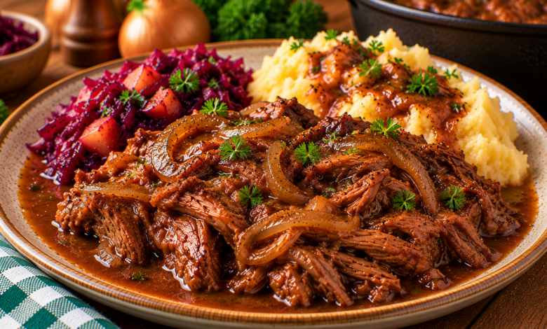 Mals draadjesvlees met dikke bruine uienjus, aardappelpuree en rodekool